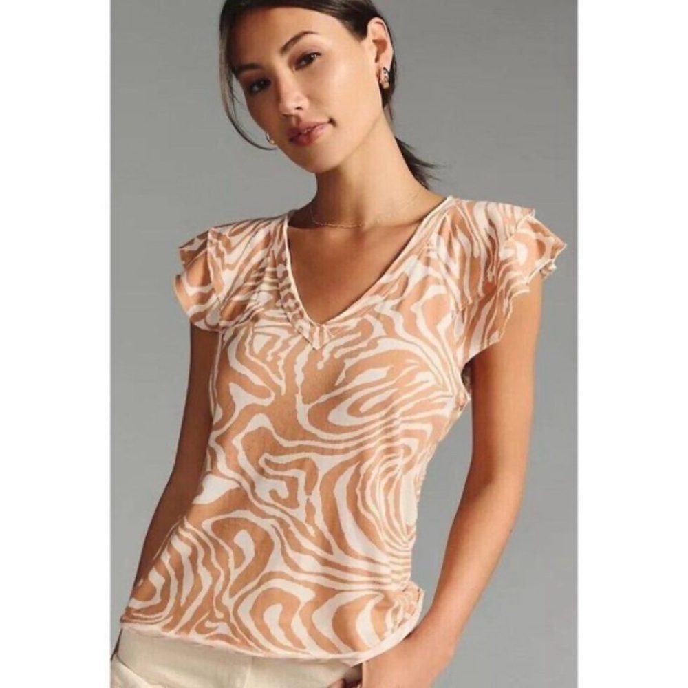 Anthropologie orange & White Printed V-Neck Flutter Sleeve Top